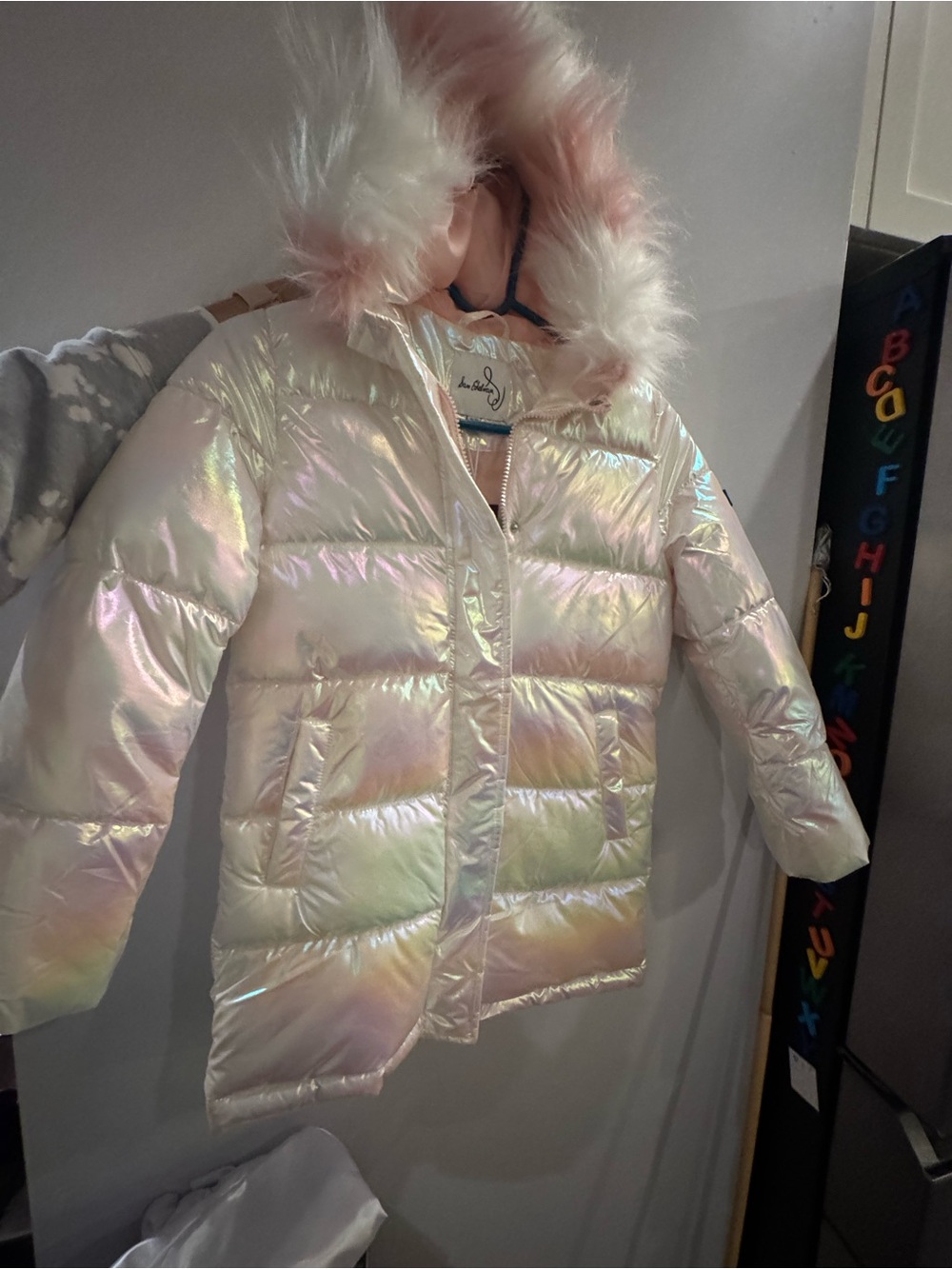 Sam Edelman Iridescent Pink Hooded Puffer Jacket with Faux Fur Trim